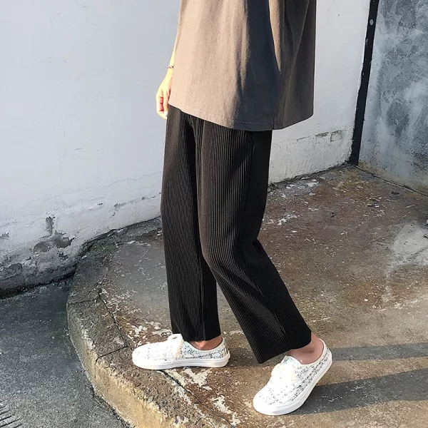 Calça casual de seda gelada masculina, streetwear, solta plissada, monocromática, moda coreana, verão. - Image 3