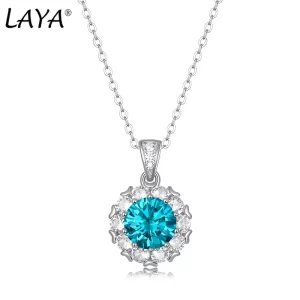 Colar em prata esterlina 925 feminino, Laya 100%, 1ct azul moissanite forma redonda design pingente, noiva, aniversário, casamento jóias.