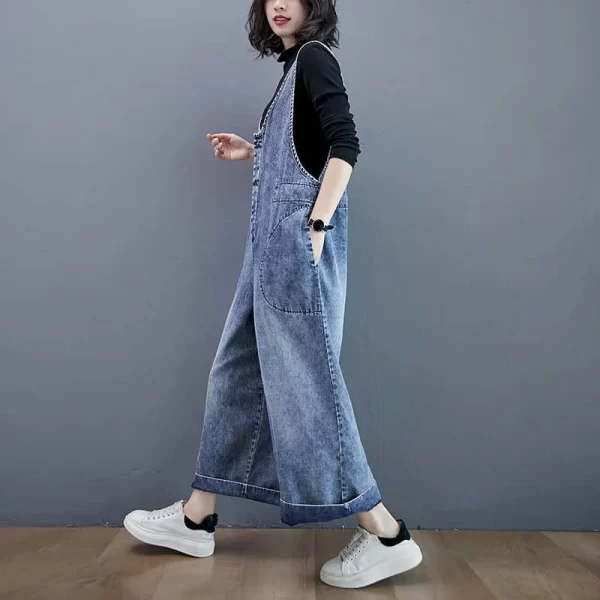 Macacão jeans grandes feminino,  sólidos, cintura alta, calças de perna larga, solto, roupa de uma peça, verão. - Image 3