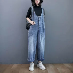 Macacão jeans grandes feminino,  sólidos, cintura alta, calças de perna larga, solto, roupa de uma peça, verão.