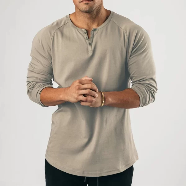 Camiseta manga longa masculina, de botão Henley casual, gola V,  de cor sólida, tops. - Image 7