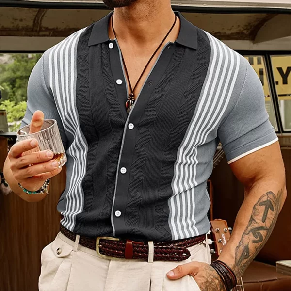 Camisa masculina, manga curta,  casual de malha fina de seda gelo, retalho listrado malha camisas, lapela abotoada vintage, moda, verão. - Image 6