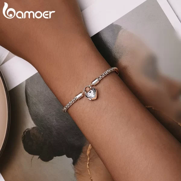 Pulseira básica de prata esterlina feminina, Bamoer, Bloqueio do Coração, Amor Para Sempre, Cadeia Chapeada, Platina, Presente Elegante, Joias Finas - Image 5