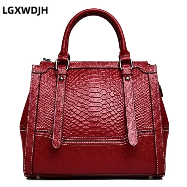 Bolsa de ombro grande feminina, padrão litchi, tiracolo elegante de couro de vaca, de cobra vintage europeia e americana - Image 2