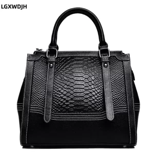 Bolsa de ombro grande feminina, padrão litchi, tiracolo elegante de couro de vaca, de cobra vintage europeia e americana