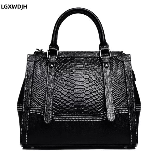 Bolsa de ombro grande feminina, padrão litchi, tiracolo elegante de couro de vaca, de cobra vintage europeia e americana
