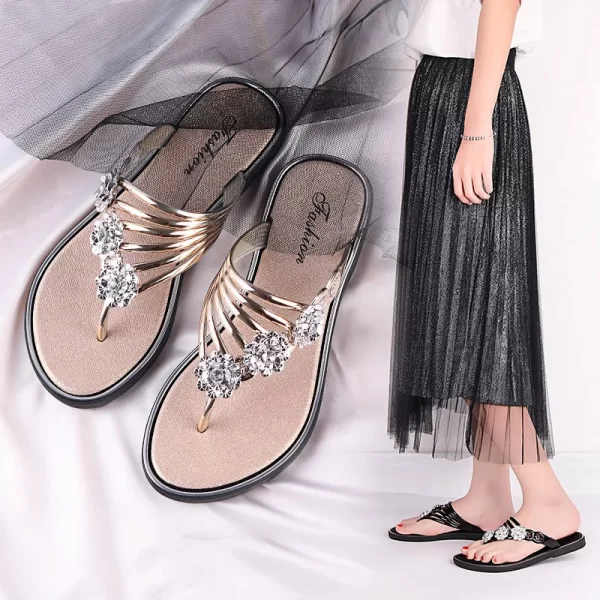 Sandália feminina,  florais de luxo com strass, confortáveis, de praia antiderrapantes, flats, verão. - Image 5