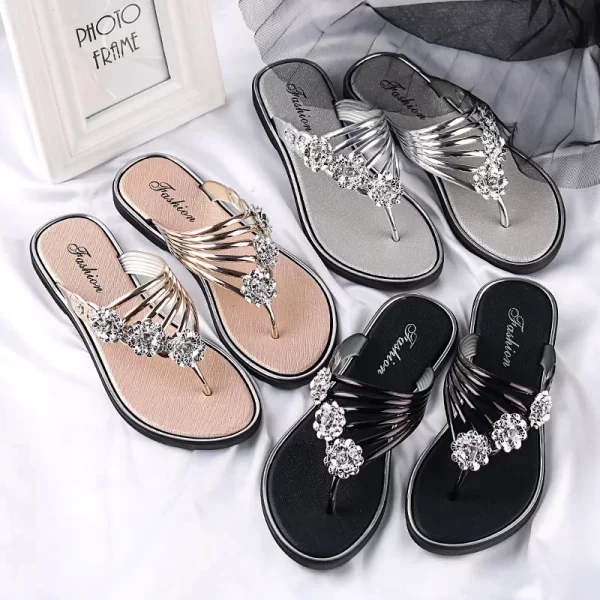 Sandália feminina,  florais de luxo com strass, confortáveis, de praia antiderrapantes, flats, verão. - Image 6